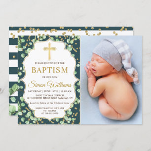 Modern Greenery Gold Glitter Baptism Photo Invitation