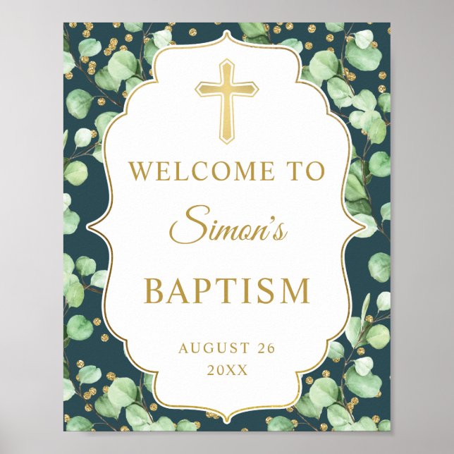 Modern Greenery Gold Glitter Baptism Welcome Poster (Front)
