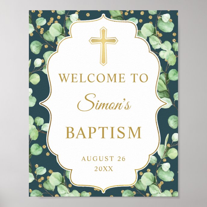 Modern Greenery Gold Glitter Baptism Welcome Poster