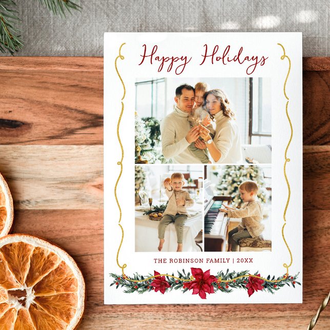 Modern Greenery Gold Happy Holidays 3 Photo Holiday Card (Creator Uploaded)