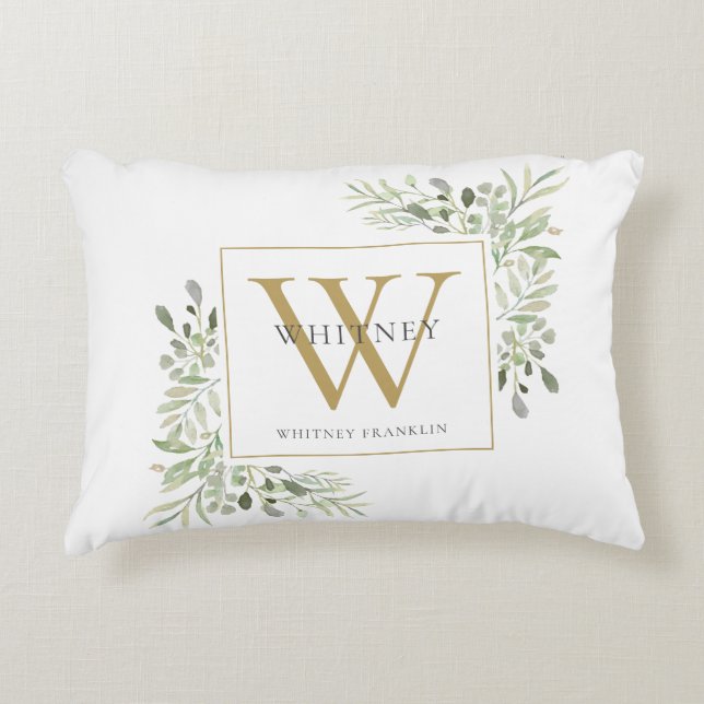 Modern Greenery Gold Initial Monogram Accent Pillow (Front)