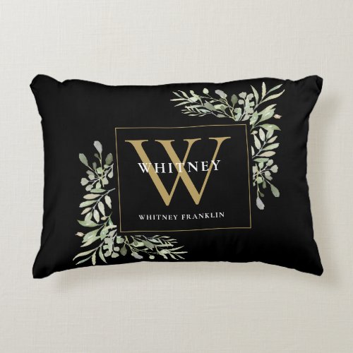 Modern Greenery Gold Initial Monogram Black Accent Pillow