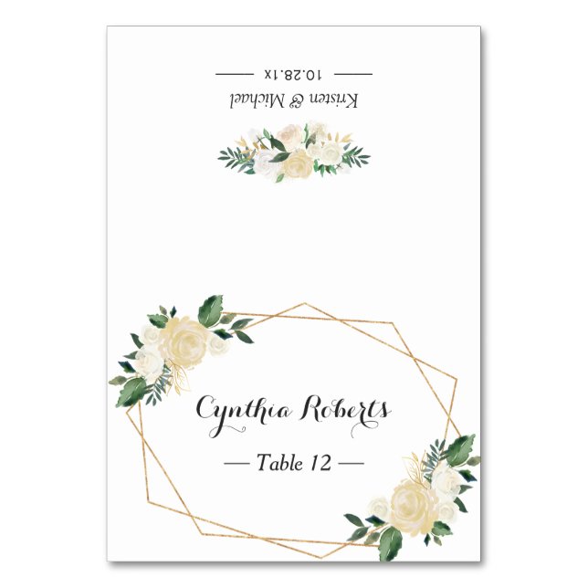 Modern Greenery Gold Ivory Floral Place Card (Front)