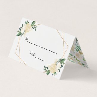 Modern Greenery Gold Ivory Floral Wedding Table Place Card