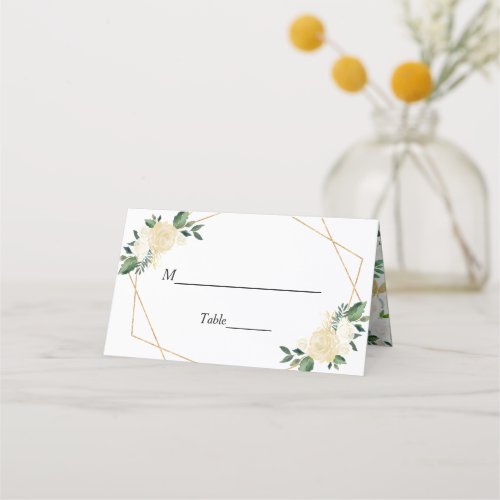 Modern Greenery Gold Ivory Floral Wedding Table Place Card