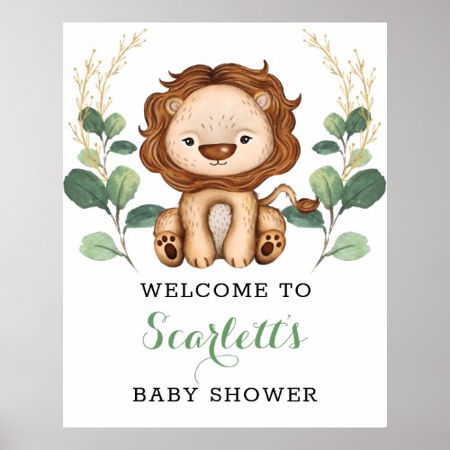 Modern Greenery Gold Lion Baby Shower Welcome Poster