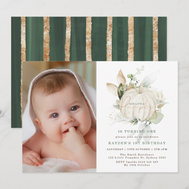 Modern Greenery Gold Little Pumpkin Birthday Photo Invitation (Front/Back)