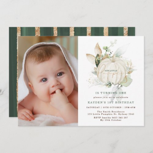 Modern Greenery Gold Little Pumpkin Birthday Photo Invitation