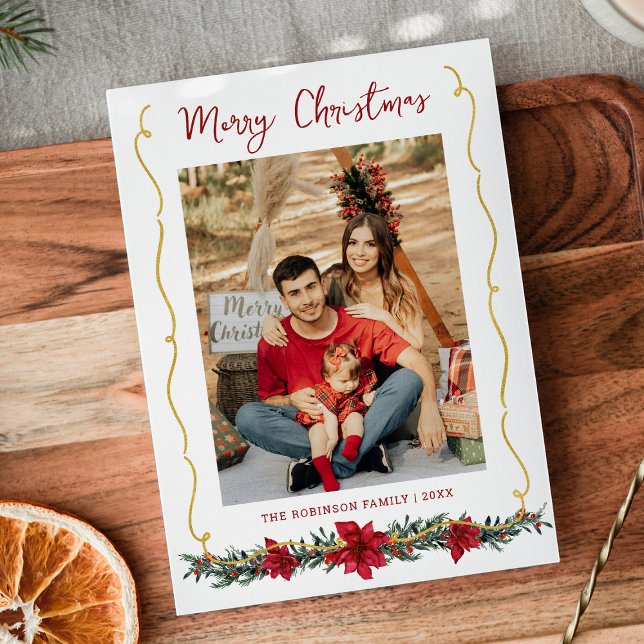 Modern Greenery Gold Merry Christmas 1 Photo Holiday Card (Creator Uploaded)