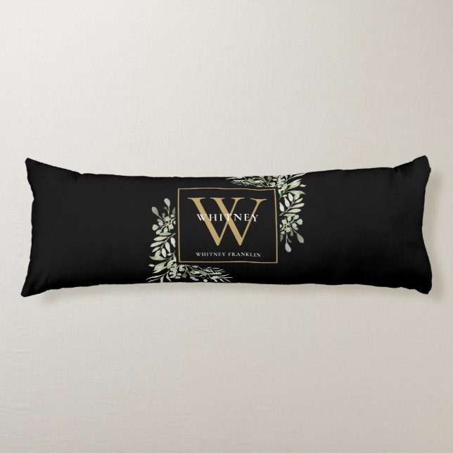 Modern Greenery Gold Monogram Black Body Pillow (Front)