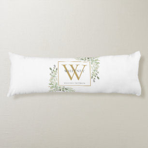 Modern Greenery Gold Monogram Body Pillow