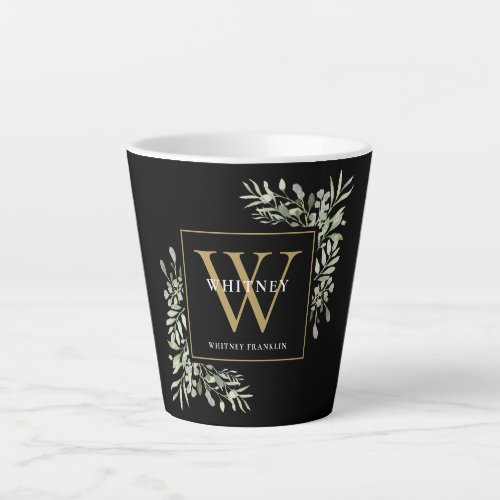 Modern Greenery Gold Monogram Elegant Black Latte  Latte Mug