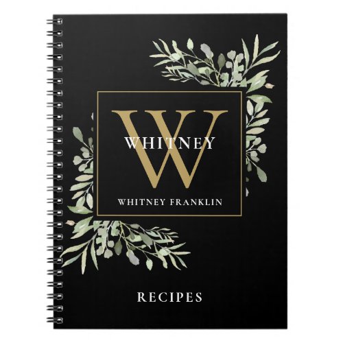 Modern Greenery Gold Monogram Name Recipe Cookbook Notebook