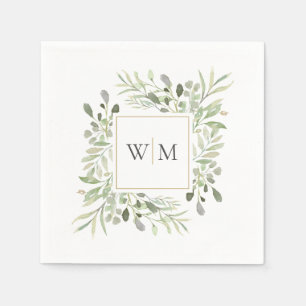 Modern Greenery Gold Monogram Wedding Napkins