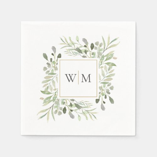 Modern Greenery Gold Monogram Wedding Napkins