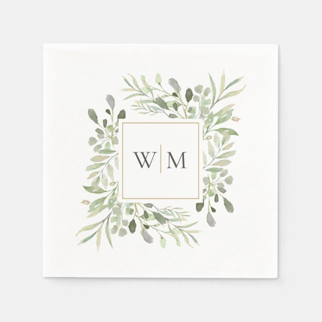 Modern Greenery Gold Monogram Wedding Napkins (Front)