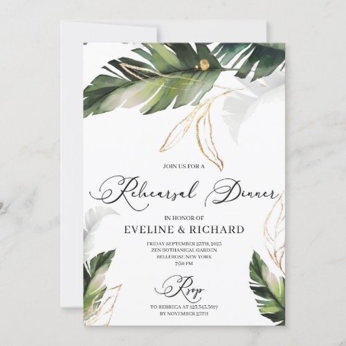 Modern greenery gold tropical leaves rehearsal invitation