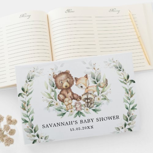 Modern Greenery Gold Woodland Animals Neutral Baby Guest Book