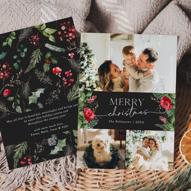 Modern Greenery Gray 3 Photo Merry Christmas Holiday Card (Creator Uploaded)