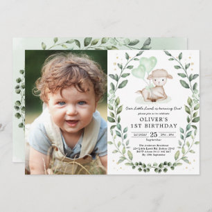 Modern Greenery Lamb Baby Sheep Birthday Party Invitation