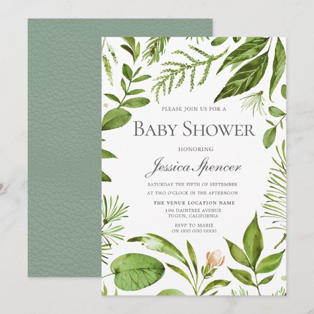 Modern Greenery Leaf Wreath Baby Shower Invite (Front/Back)