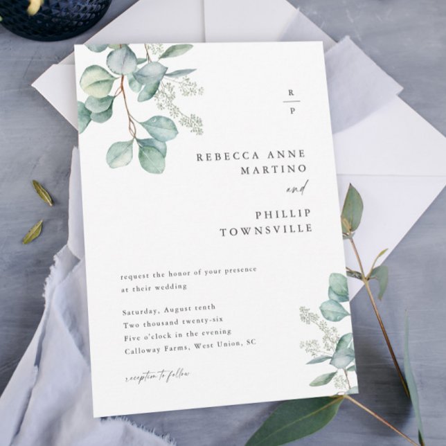 Modern Greenery Leaves Eucalyptus Wedding Invitation (A modern watercolor eucalyptus wedding invitation with couples monogram and hand-painted greenery.)