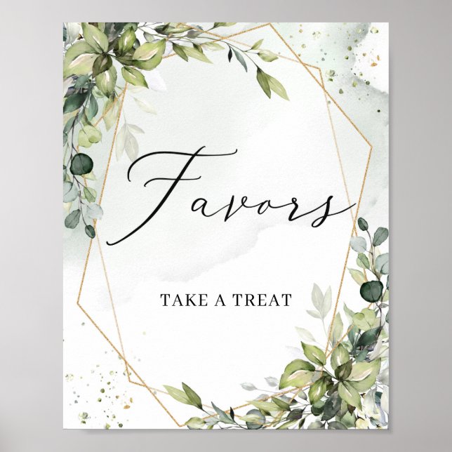 Modern greenery leaves gold geometric favors sign (Front)