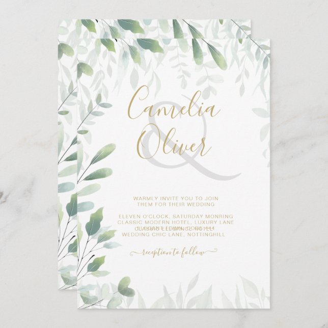 Modern Greenery Leaves Gold Wedding QR Code RSVP Invitation (Front/Back)