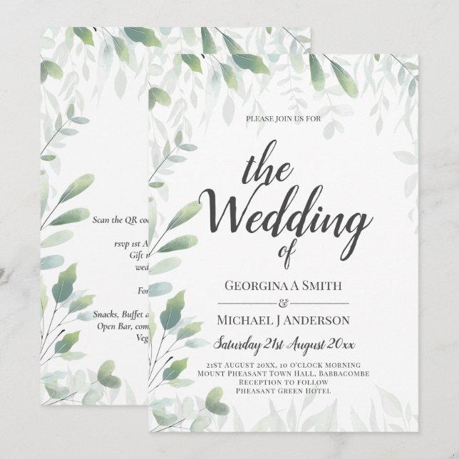 Modern Greenery Leaves Wedding QR Code RSVP Invitation (Front/Back)