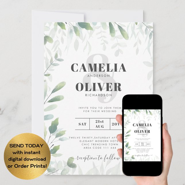 Modern Greenery Leaves Wedding QR Coded RSVP Invitation (Creator Uploaded)