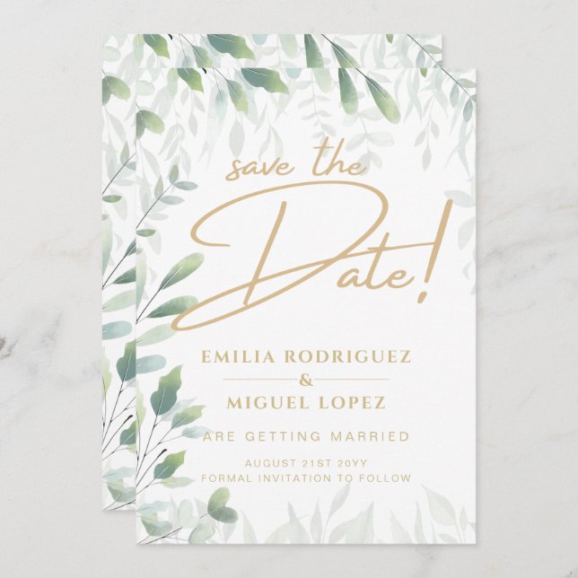 Modern Greenery Leaves Wedding Save Date QR Code Invitation (Front/Back)