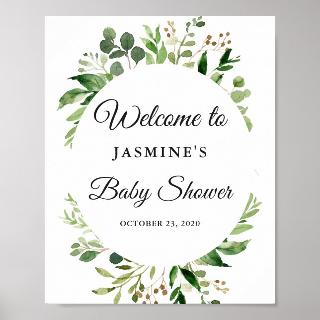 Modern Greenery Leaves Wreath Baby Shower Sign (Front)