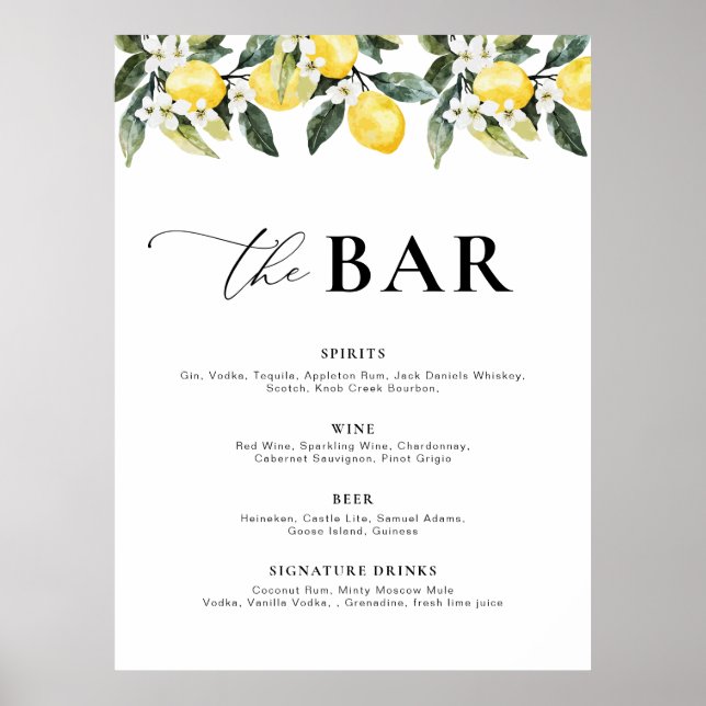 Modern Greenery Lemon Floral Bar Menu Poster (Front)
