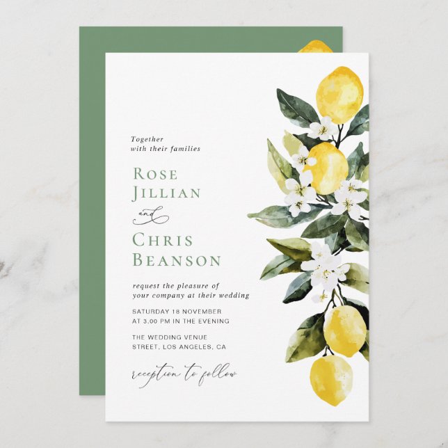Modern Greenery Lemon Floral Weddding Invitation (Front/Back)