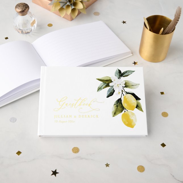 Modern Greenery Lemon Floral Wedding Foil Guest Book (Front Open)