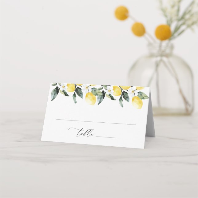 Modern Greenery Lemon Floral Wedding Place Card (Front)