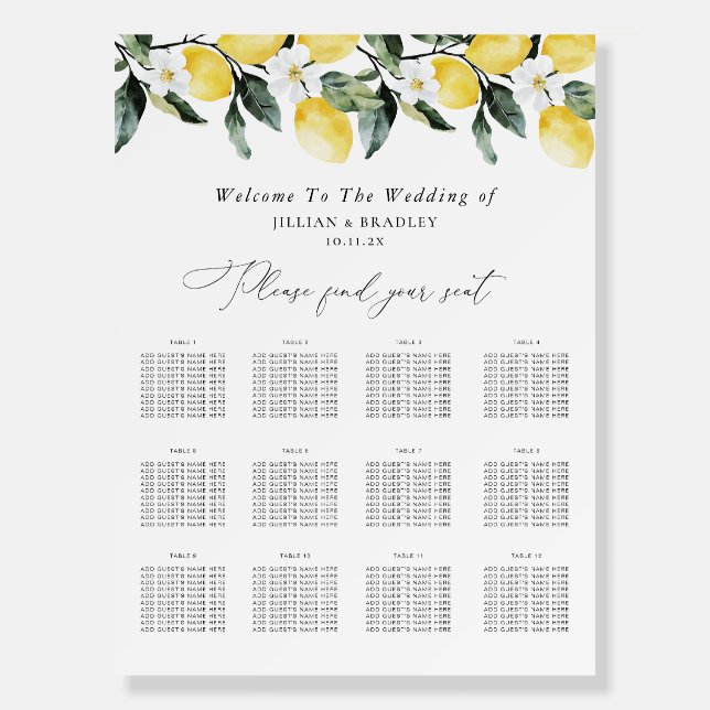Modern Greenery Lemon Floral Wedding Seating Chart Foam Board (Front)