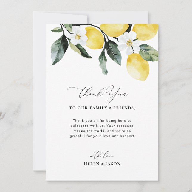 Modern Greenery Lemon Reception Table Thank You Card (Front)