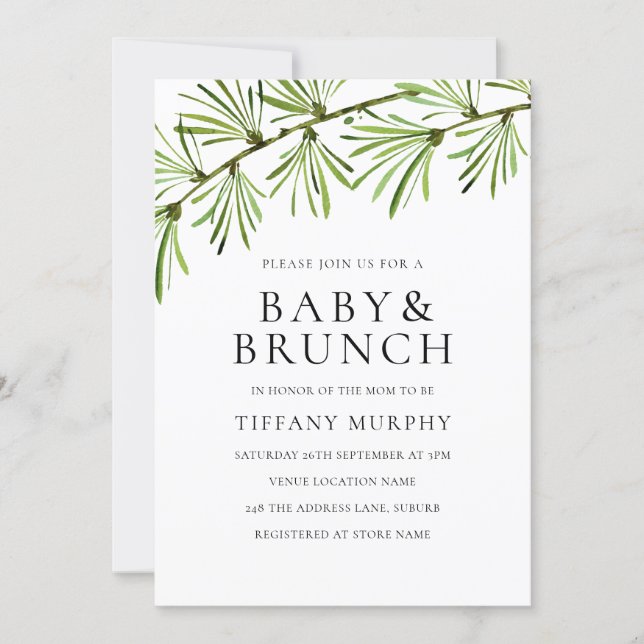 Modern Greenery Neutral Baby Shower Brunch Invite (Front)