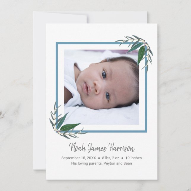 Modern Greenery New Baby Boy Photo Birth Announcement (Front)