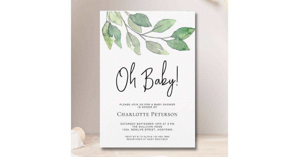Modern Greenery Oh Baby Baby Shower Invitation | Zazzle