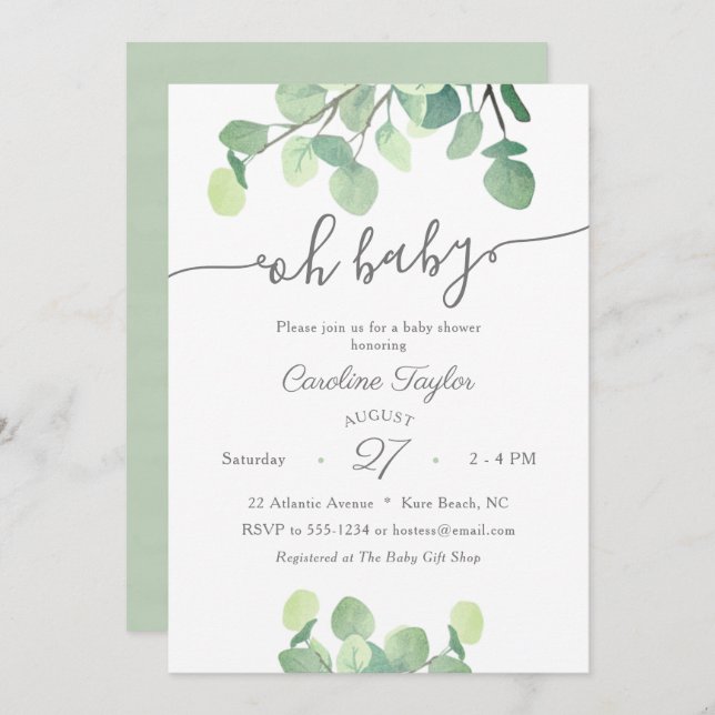 Modern Greenery Oh Baby Simple Baby Shower Invitation (Front/Back)
