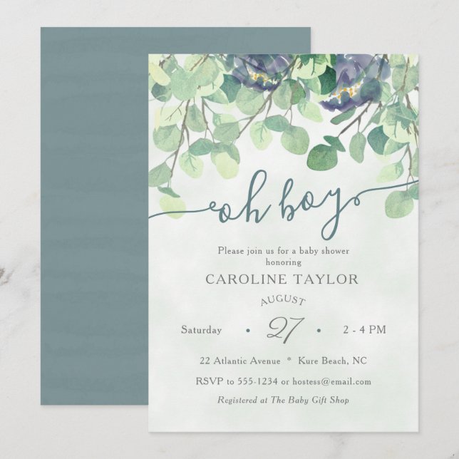 Modern Greenery Oh Boy Blue Floral Baby Shower Invitation (Front/Back)