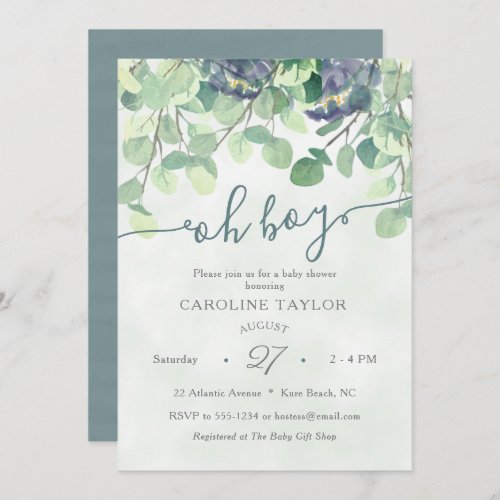 Modern Greenery Oh Boy Blue Floral Baby Shower Invitation