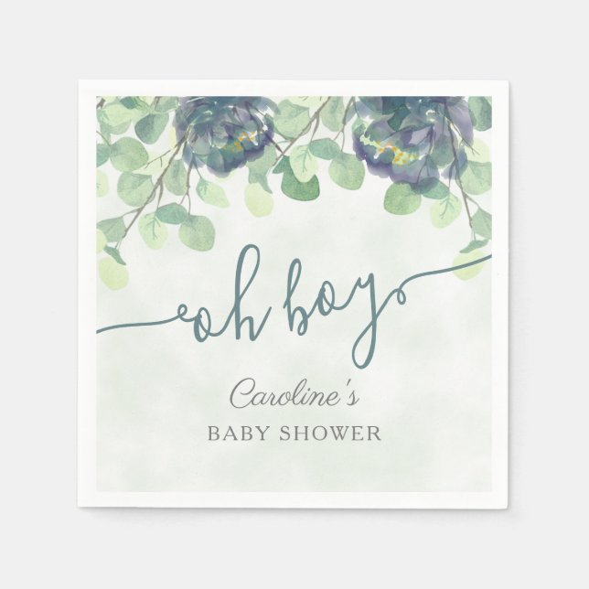 Modern Greenery Oh Boy Blue Floral Baby Shower Napkins (Front)