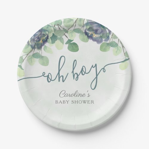 Modern Greenery Oh Boy Blue Floral Baby Shower Paper Plates