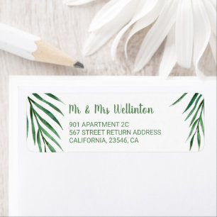 Modern greenery palm trees leaf wedding label