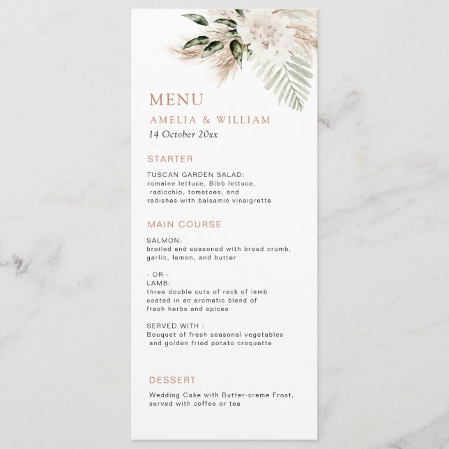 Modern greenery pampas wedding menu (Front)