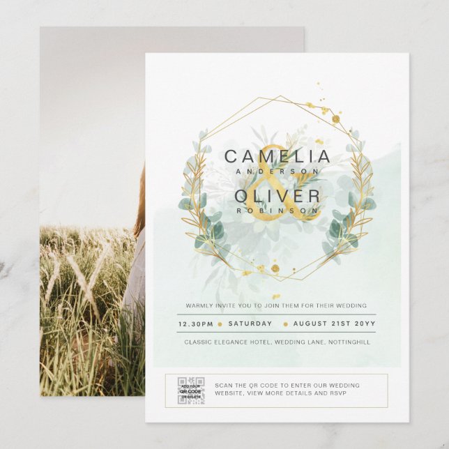 Modern Greenery PHOTO Wedding Invitation QR CODE (Front/Back)