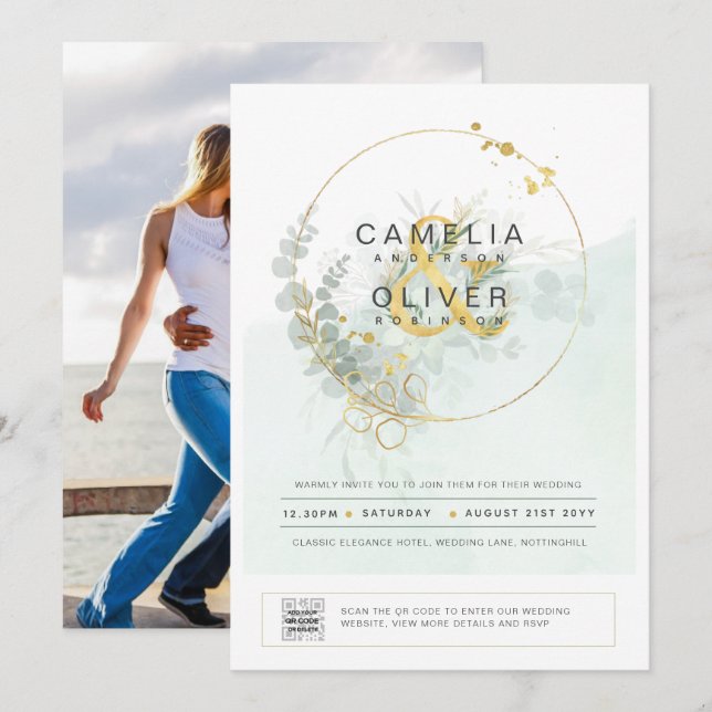 Modern Greenery PHOTO Wedding Invitation QR CODE (Front/Back)